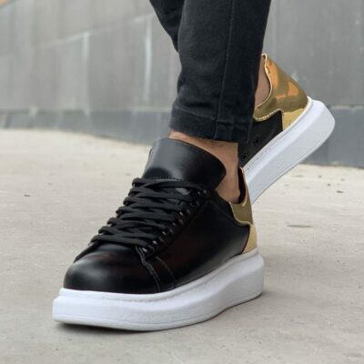 Chekich Unisex Shoes Black and Gold Color Artificial Leather Lace Up Spring Autumn Seasons Casual Sneakers