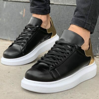 Chekich Unisex Shoes Black and Gold Color Artificial Leather Lace Up Spring Autumn Seasons Casual Sneakers