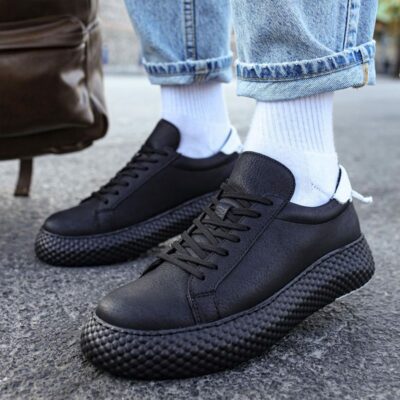 Chekich Women s Men s Sneakers Black Artificial Leather Lace Up Spring and Fall Seasons Casual