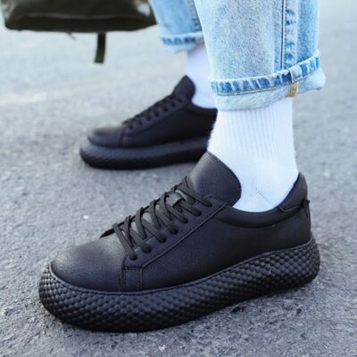 Chekich Women s Men s Sneakers Black Artificial Leather Lace Up Summer and Fall Seasons Casual