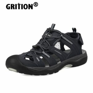 GRITION Men Outdoor Sandals Flat Casual Non Slip Quick Drying Male Beach Shoes Hiking Walking Breathable