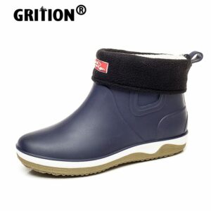 GRITION Men Rain Boots Non Slip Working Kitchen Fishing Water Shoes Fashion Waterproof Plush Short Tube