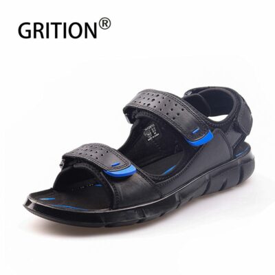 GRITION Sandals Men Genuine Leather Beach Summer Flip Flops Slipper Male Flat Casual Comfort Breathable Non