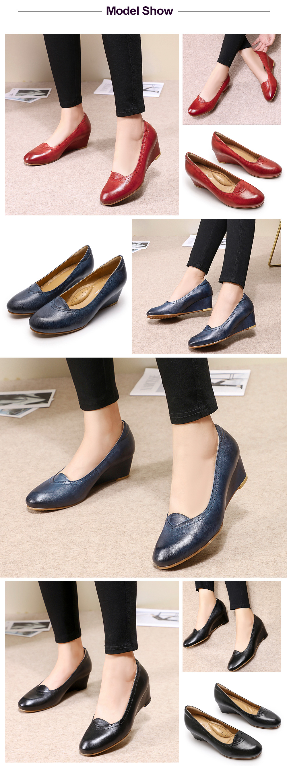 Mona Flying Women Solid Genuine Leather Wedge Pumps Shoes Handmade Slip-on Round-Toe High Heel Dress for Ladies New 078-A13