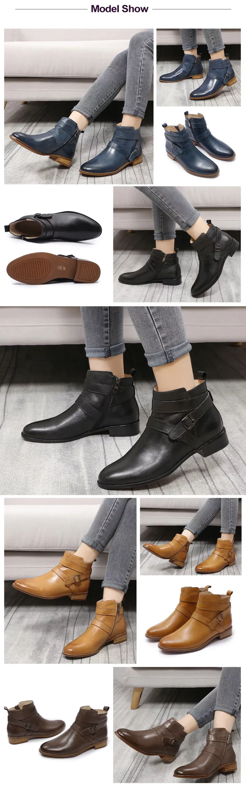 Mona Flying Women Genuine Leather Boots Hand-made Fashion Ankle Classic Soft Booties Slip-on Shoes with Low Heel 2021 NeW 068-6