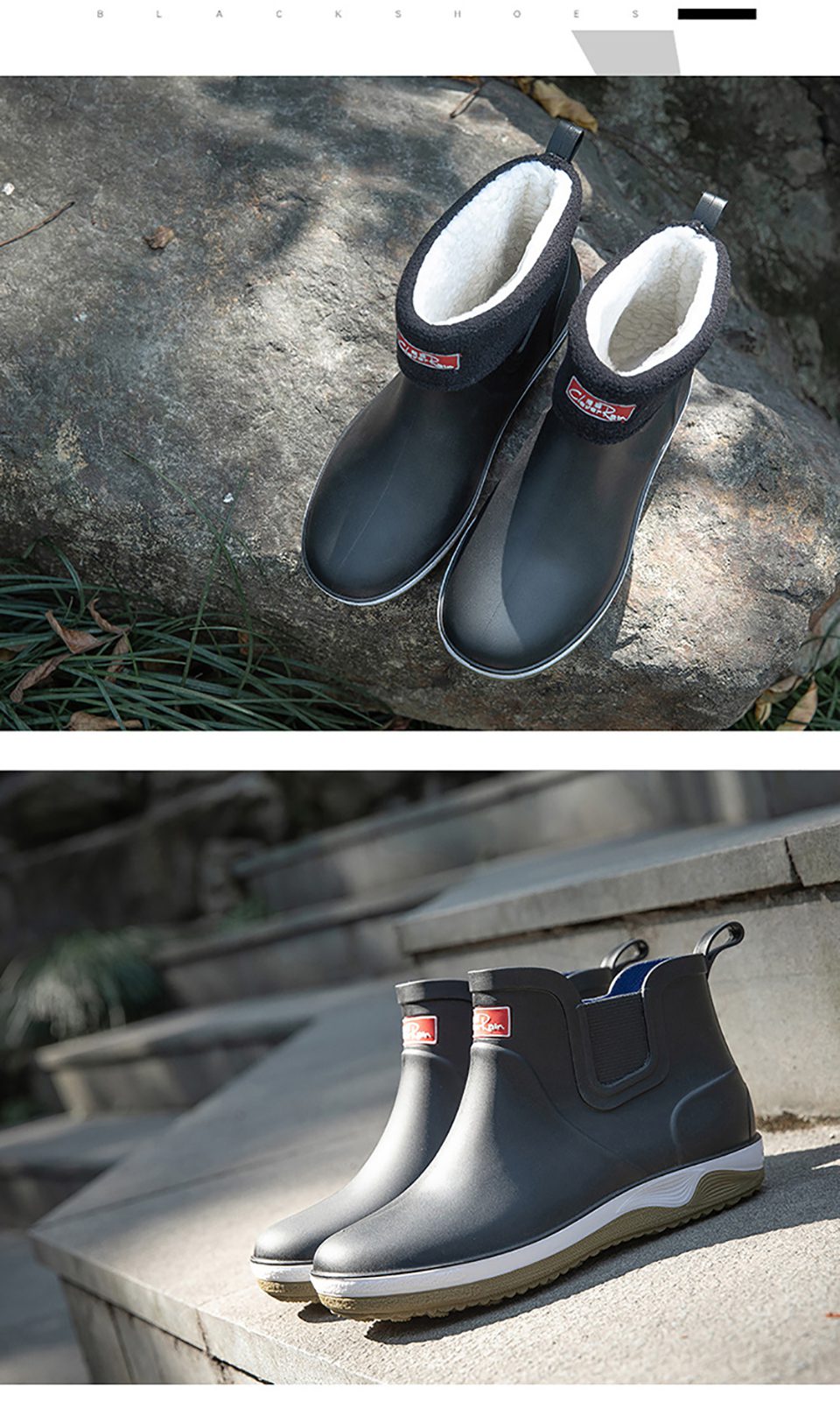 GRITION Men Rain Boots Non Slip Working Kitchen Fishing Water Shoes Fashion Waterproof Plush Short Tube Cotton Boots 2021 New