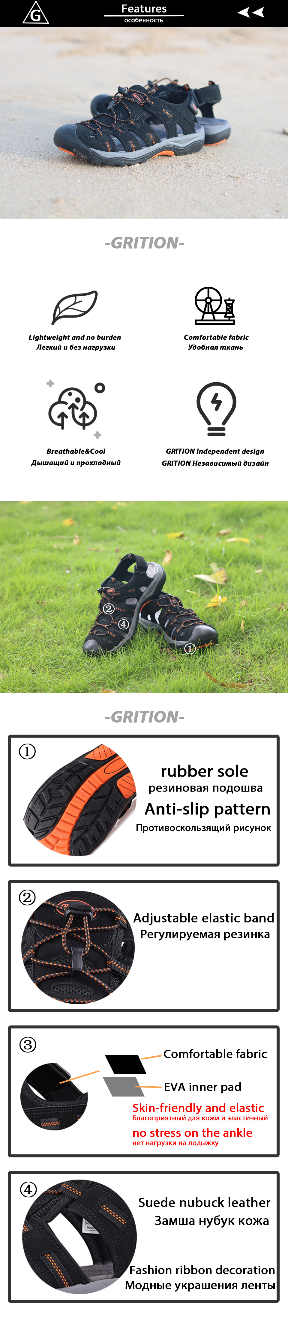 GRITION Men Sandals Leather Nubuck Gladiator Male Outdoor Beach Summer Shoes Fashion Close Toe Non-slip Casual Comfortable Clogs