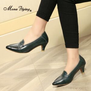 Mona Flying Leather Penny Dress Pump Genuine Leather Dress Pumps High Heels for Women Pointed Toe Elegant Fashion Shoes Office