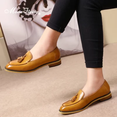 Mona Flying Genuine Leather Hand-made Penny Loafers with Tassel Women Slip-on Casual Flats Shoes for Ladies 2020 New L092-3