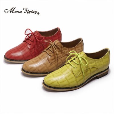 Mona Flying Oxfords Saddle Derby Womens Leather Shoes Casual Lace up Crocodile Flats Fashion for Women