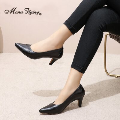 Mona Flying Women Leather Comfort Elegant Pumps for Party Office Dress Pointed Toe High Heels Soft Ladies 2020 New Shoes G168-3