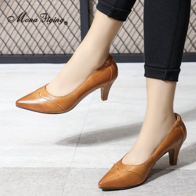 Mona Flying Women Leather Comfort Elegant Pumps for Party Office Dress Pointed Toe High Heels Soft