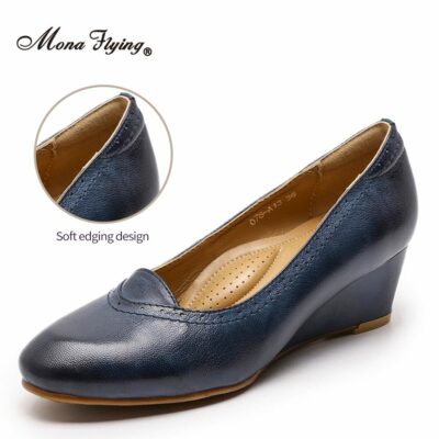 Mona Flying Women Solid Genuine Leather Wedge Pumps Shoes Handmade Slip on Round Toe High Heel