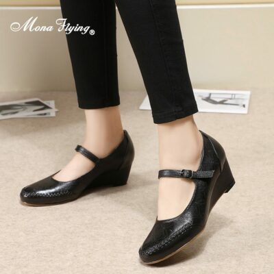 Mona Flying Women s Genuine Leather Mary Jane Wedge Pumps Round Toe High Heel Dress Shoes