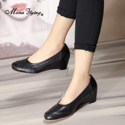 Mona Flying Women s Genuine Leather Wedge Dress Pumps Round Toe Designer Embossed High Heel Shoes