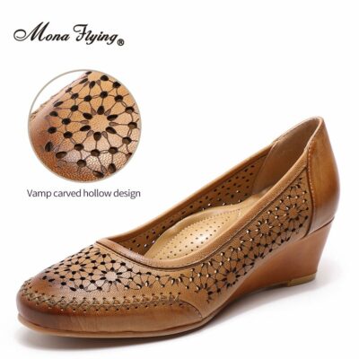 Mona Flying Women s Genuine Leather Wedge Dress Pumps Round Toe Designer Embossed High Heel Shoes