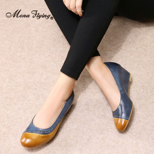 Mona Flying Women s Leather Wedge Pumps Slip on Shoes Mixed colors Handmade Round Toe High
