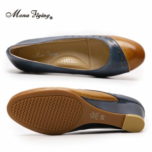 Mona Flying Women s Leather Wedge Pumps Slip on Shoes Mixed colors Handmade Round Toe High