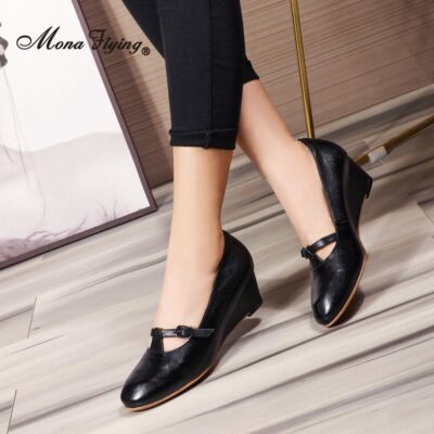 Mona Flying Women s Mary Jane Shoes Genuine Leather Wedge Pumps Elegant Round Toe High Heel