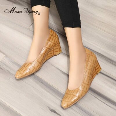 Mona Flying Women s Premium Leather Wedge Pumps Shoes Slip on Hand made Round Toe Fashion