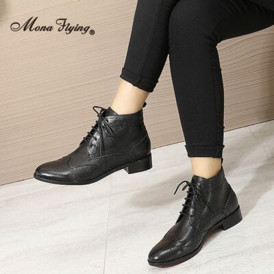 Mona flying Woman Genuine Leather Wingtips Boots Ankle Heels Fashion Lace up Booties with Low Heel