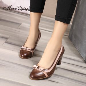 Mons Flying Women Genuine Leather Chunky Heel Dress Pumps Hand made Office Elegant High Heels Shoes