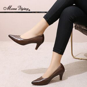 Mons Flying Women Leather Pumps Hand made Fashion Slip on Pointed Toe Shoes for Party Office