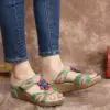 SOCOFY  Handmade Leather Beaded Floral Adjustable Strap Slip on Slides Wedge Sandals Thick Bottom Platform