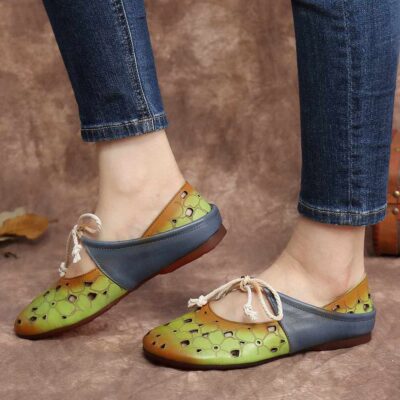 SOCOFY  New Fashion  in  Comfy Leather Cut out Round Toe Slip on Mules