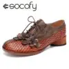 SOCOFY New Retro Flowers Leather Low Heel Shoes Splicing Round Comfy Lace up Horseshoe Flats