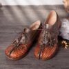 SOCOFY  New Retro Flowers Leather Low Heel Shoes Splicing Round Comfy Lace up Horseshoe Flats
