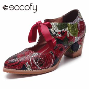 SOCOFY  New Super Comfy High heeled Shoes Sance Pumps Bloom Rose Stitching Lace Up Casual