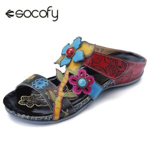 SOCOFY Bohemia Genuine Leather Splicing Hand Painted Floral Adjustable Hook Loop Soft Sandals Summer Shoes Woman