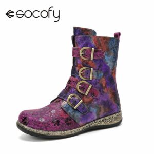 SOCOFY Casual Retro Ethnic Floral Print Leather Patchwork Metal Buckle Side zip Biker Mid Calf Boots
