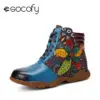 SOCOFY Casual Retro Hand stitched Floral Leather Patchwork Side Zipper Loose Toe Soft Comfy Flat Boots