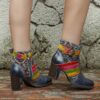 SOCOFY Casual Retro Handmade Color Block Animal Print Leather Side zip Chunky Heel Short Boots Ladies