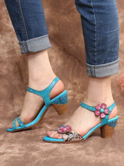 SOCOFY Elegant Flower Decor Splicing Sandals Snakeskin Cowhide Leather Comfy Wearable Hook Loop Chunky Heel Sandals