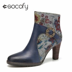 SOCOFY Elegant Women s Shoes Flowers Printed Splicing Cowhide Leather Buckle Decor High Heel Short Boots