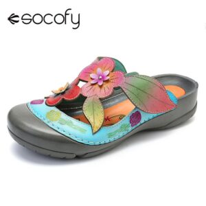 SOCOFY Fashion Genuine Leather Retro Slip On Shoes Splicing Flowers Pattern Stitching Flat Shoes Adjustable Hook