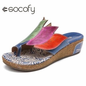 SOCOFY Fashion Leather Clip Toe Shoes Contrast Slip on Flip Flops Toe Ring Wedge Summer Slippers