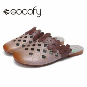 SOCOFY Fashion New Arrival Women Floral Comfy Leather Slippers Shoes Cut out Round Toe Slip on