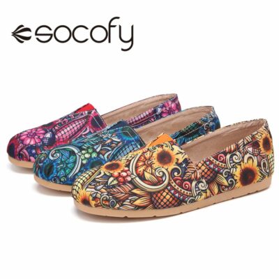 SOCOFY Folkways Printing Pattern Triangle Elastic Band Slip On Fishermans Shoes Flat Shoes Comfy Breathable Cloth Flat Shoes