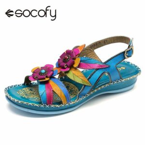 SOCOFY Genuine Leather Splicing Hand Painted Retro Floral Stitching Soft Buckle Strap Sandals Retro Summer Shoes