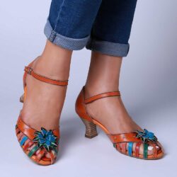 SOCOFY HandPainted Floral Colorful Genuine Leather Splicing Comfortable Wine bowl Heel Sandals Summer Sandals For Women