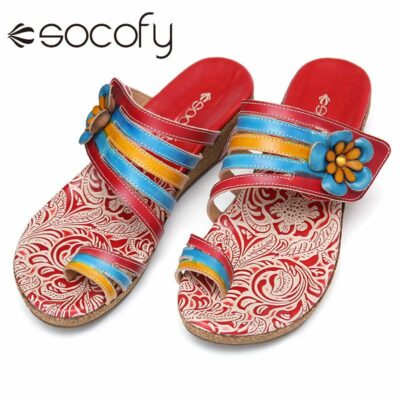 SOCOFY New Fashion Leather Slip On Shoes Multi color Hook Loop Strappy Flip Flops Flat Shoes