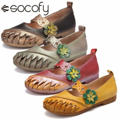 SOCOFY New Vintage Handmade Soft Leather Floral Hook Loop Strap Slip on Flat Shoes Round Toe