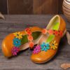 SOCOFY New Women Flowers Decor Flat Shoes Dot Printed Cowhide Leather Retro Ankle Strap Hook Loop