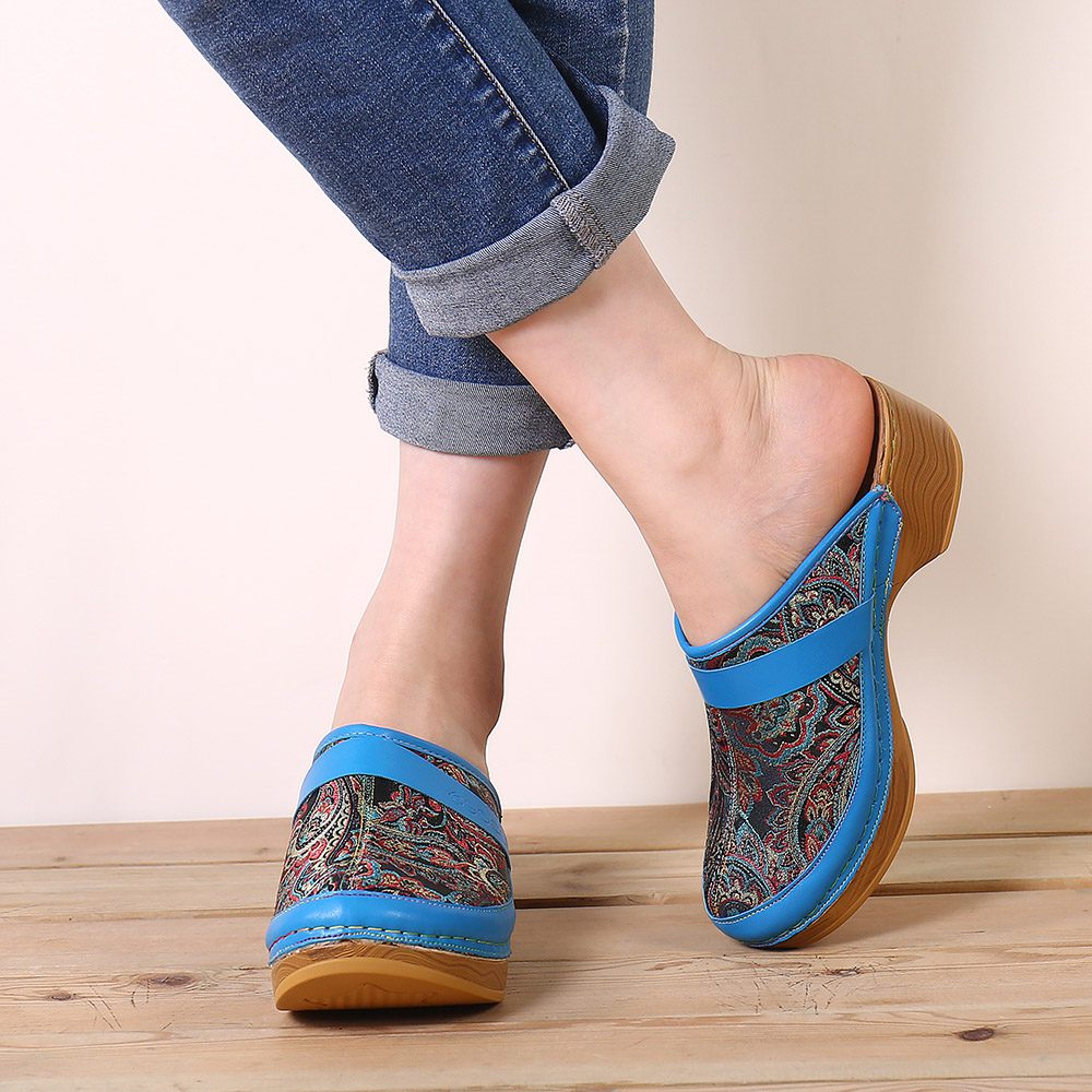SOCOFY Retro Sandals Paisley Pattern Embroidery Slip On Wood Mules