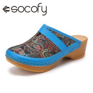 SOCOFY Retro Sandals Paisley Pattern Embroidery Slip On Wood Mules Clogs Comfy Low Heel Sandals For