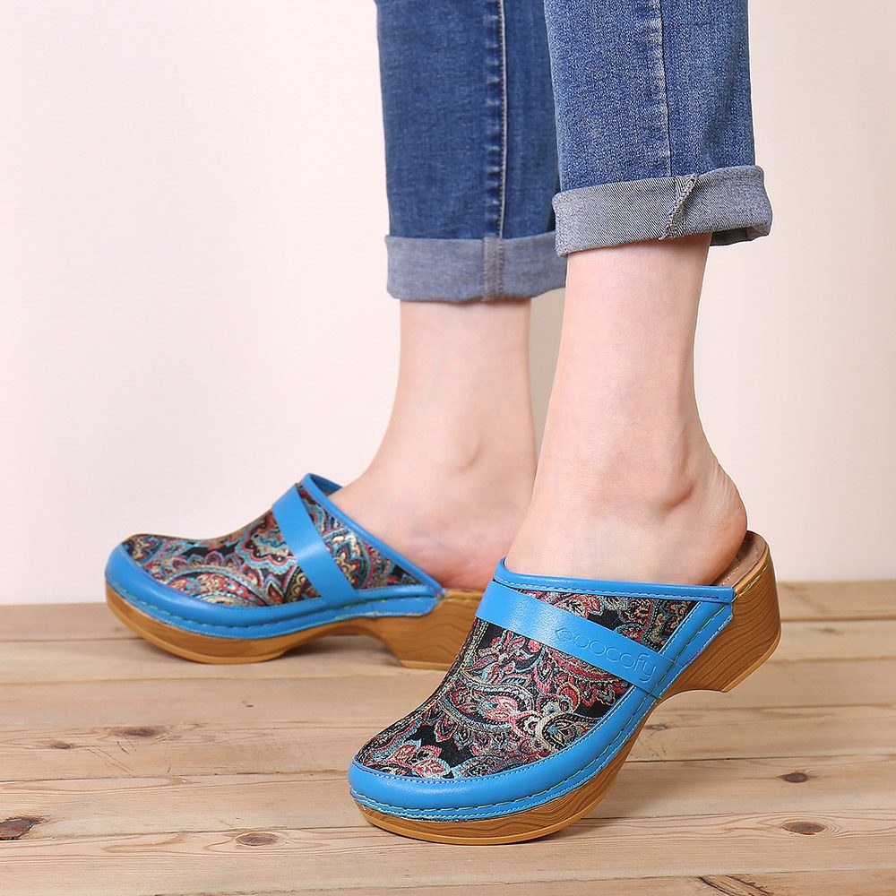 SOCOFY Retro Sandals Paisley Pattern Embroidery Slip On Wood Mules